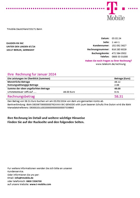 Germany T Mobile business utility bill template in Word and PDF formats